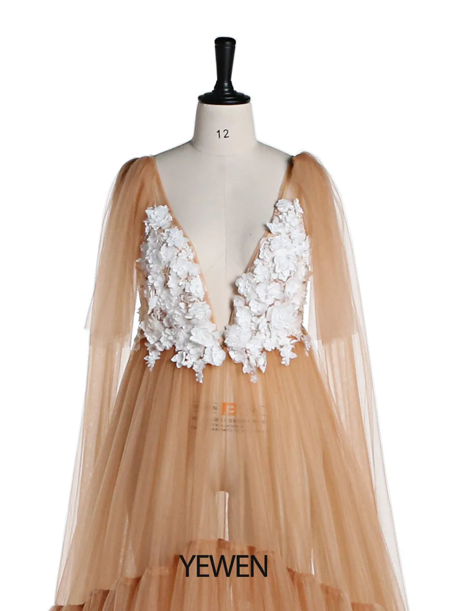 Flowers Tulle Maternity Dress for Photo Shoot Deep V Neck Front Open Maternity Gown for Baby Shower YD21624