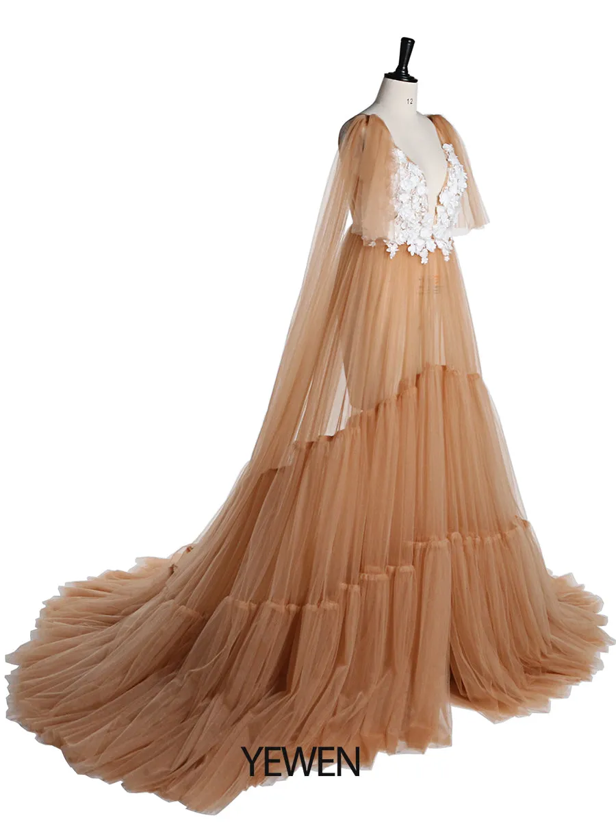 Flowers Tulle Maternity Dress for Photo Shoot Deep V Neck Front Open Maternity Gown for Baby Shower YD21624