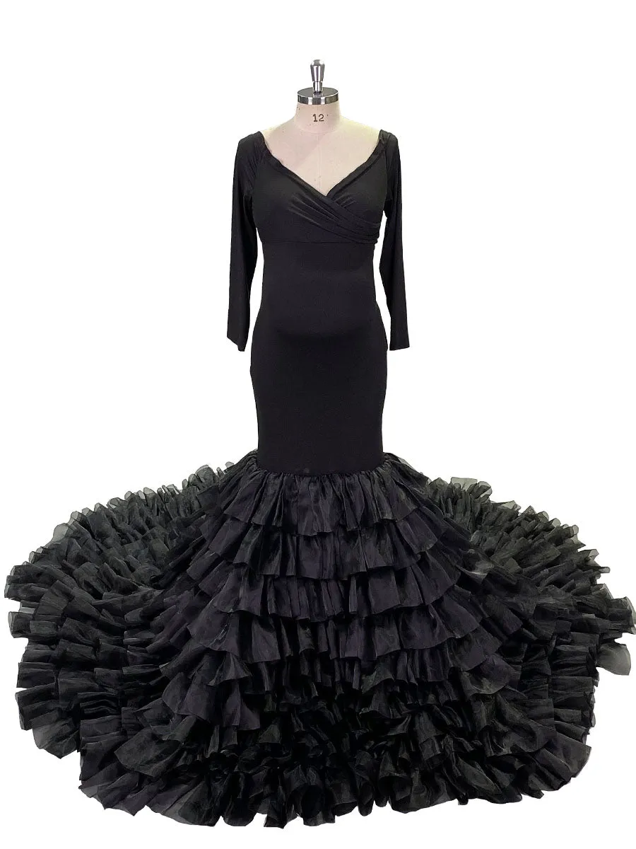 Full Sleeves Strech Fabric Mermaid Organza Ruffles Maternity Dress for Photo Shoot 2021 New YW2069-2
