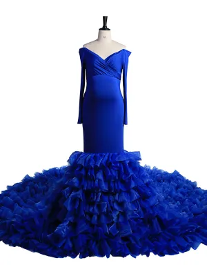 Full Sleeves Strech Fabric Mermaid Organza Ruffles Maternity Dress for Photo Shoot 2021 New YW2069-2