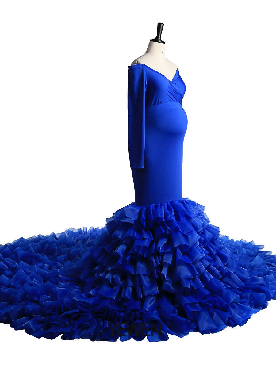 Full Sleeves Strech Fabric Mermaid Organza Ruffles Maternity Dress for Photo Shoot 2021 New YW2069-2
