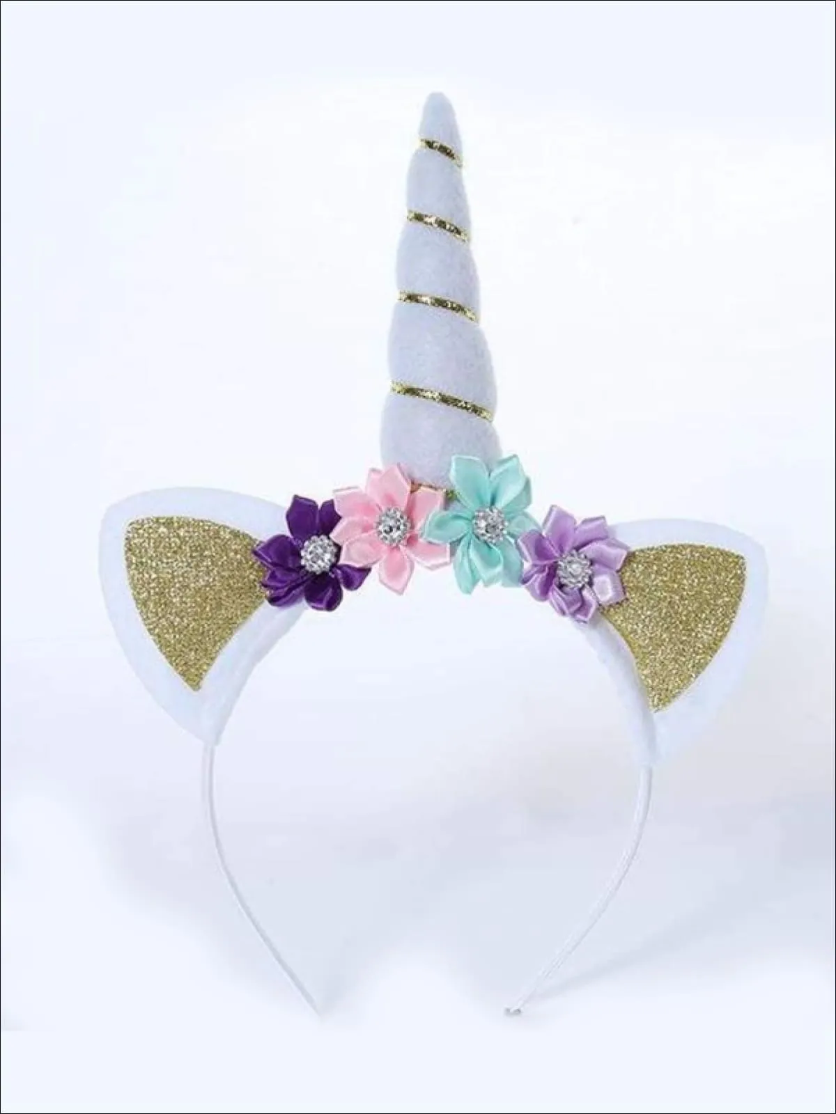 Girls Gold and Silver Glitter Flower Unicorn Headband