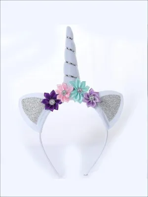 Girls Gold and Silver Glitter Flower Unicorn Headband