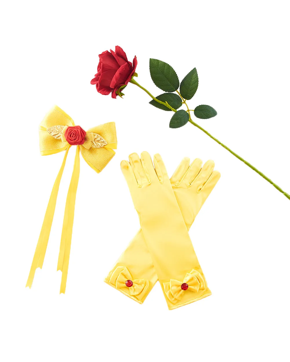 Girls Princess Costume Accessories Halloween Dress Up Hair Bow, Gloves and Rose Flower Set Yellow