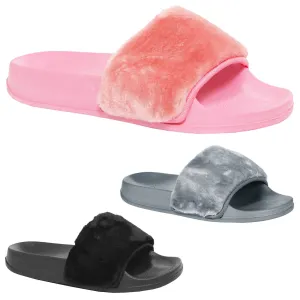 GIRLS SLIDERS FLATS CHILDRENS FLUFFY SLIP ON FUR MULE FLIP FLOPS SANDALS SLIPPER