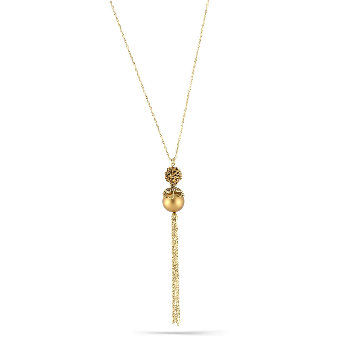 GOLD PEARL AND ORANGE CRYSTAL PAVE BALL TASSEL  NECKLACES #253GD1401 (1A18/1F3)