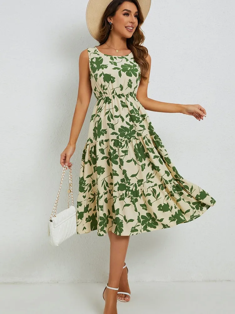 Grünes geblümtes Midikleid