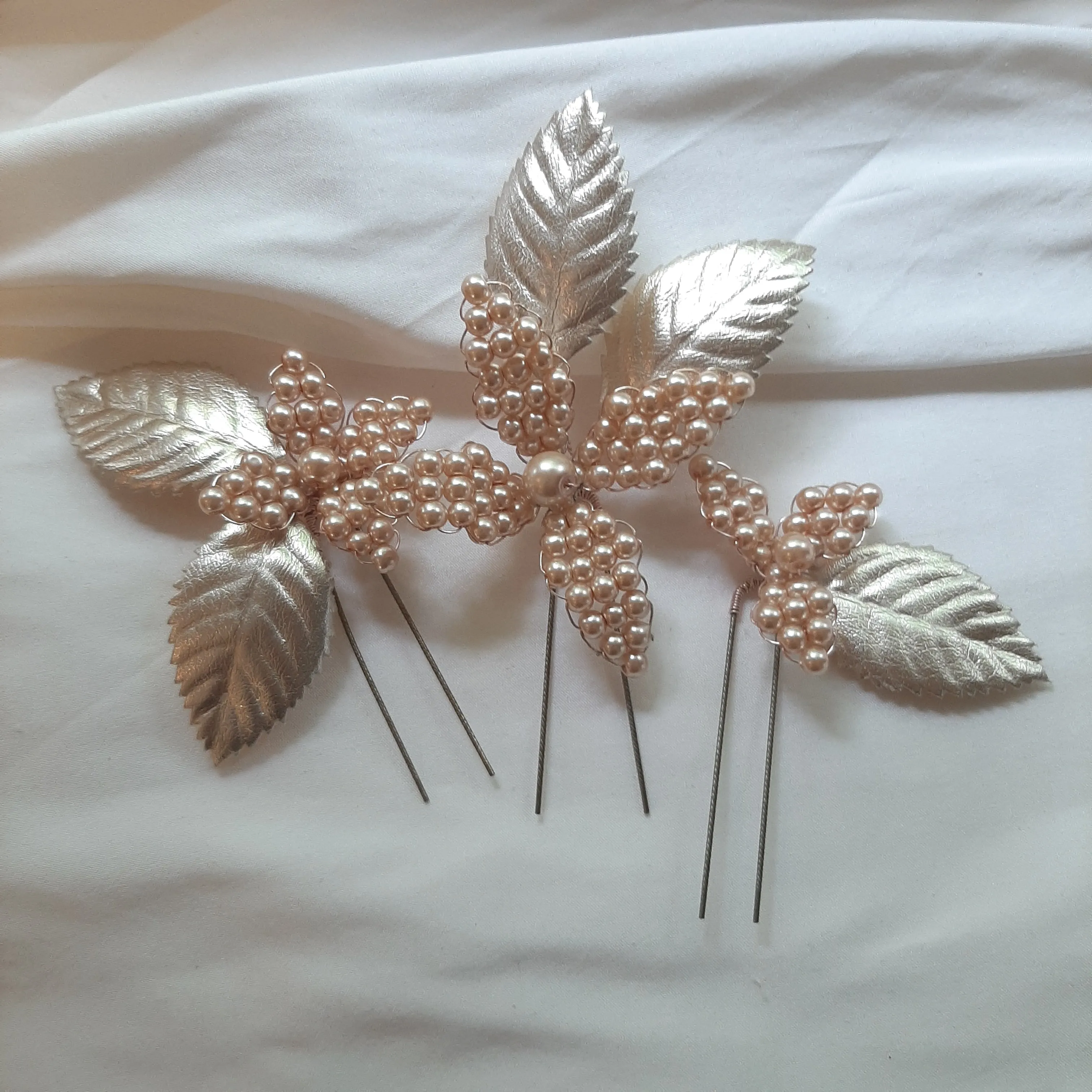 Joy - champagne glass bead pearl flower earrings and hair pins SET