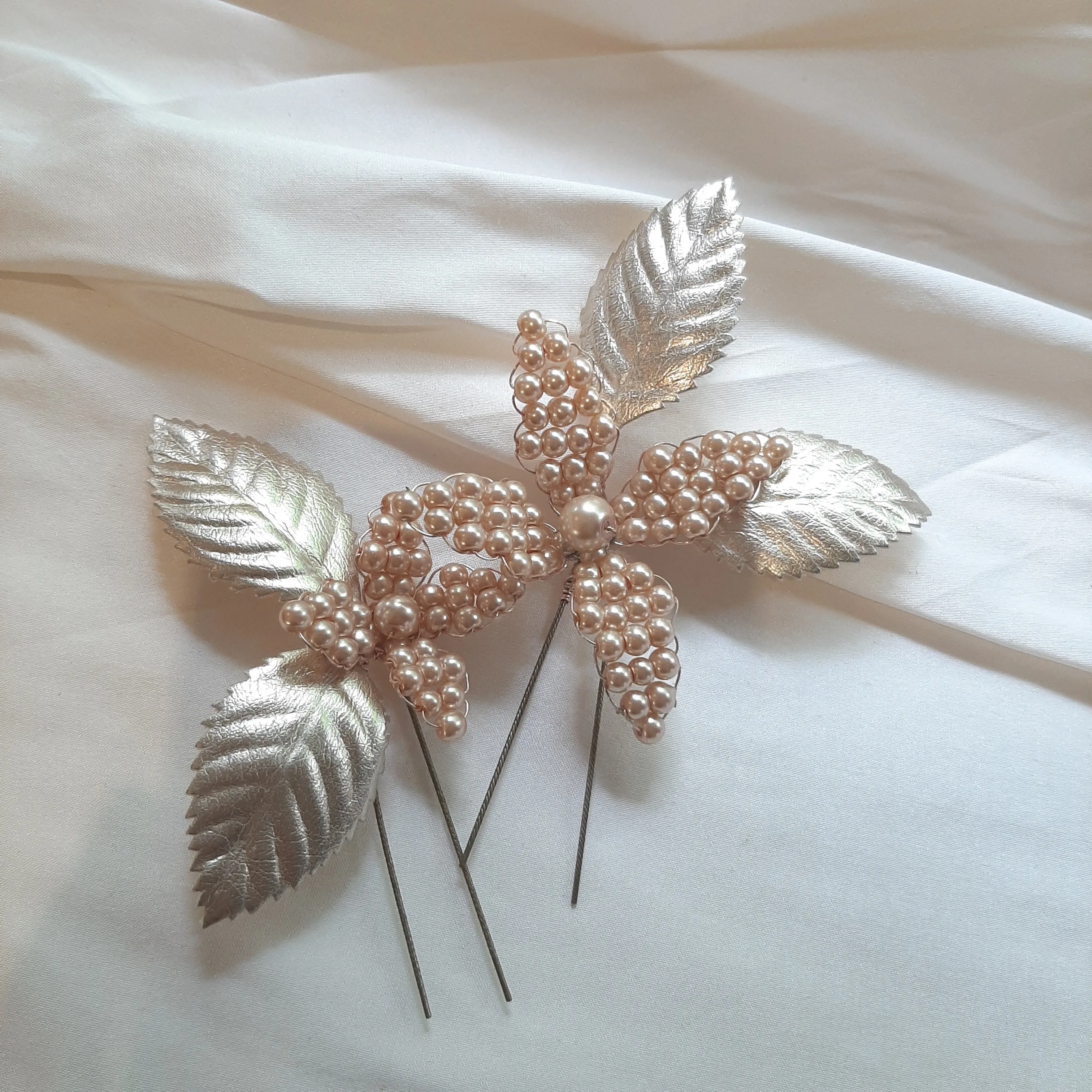 Joy - champagne glass bead pearl flower earrings and hair pins SET