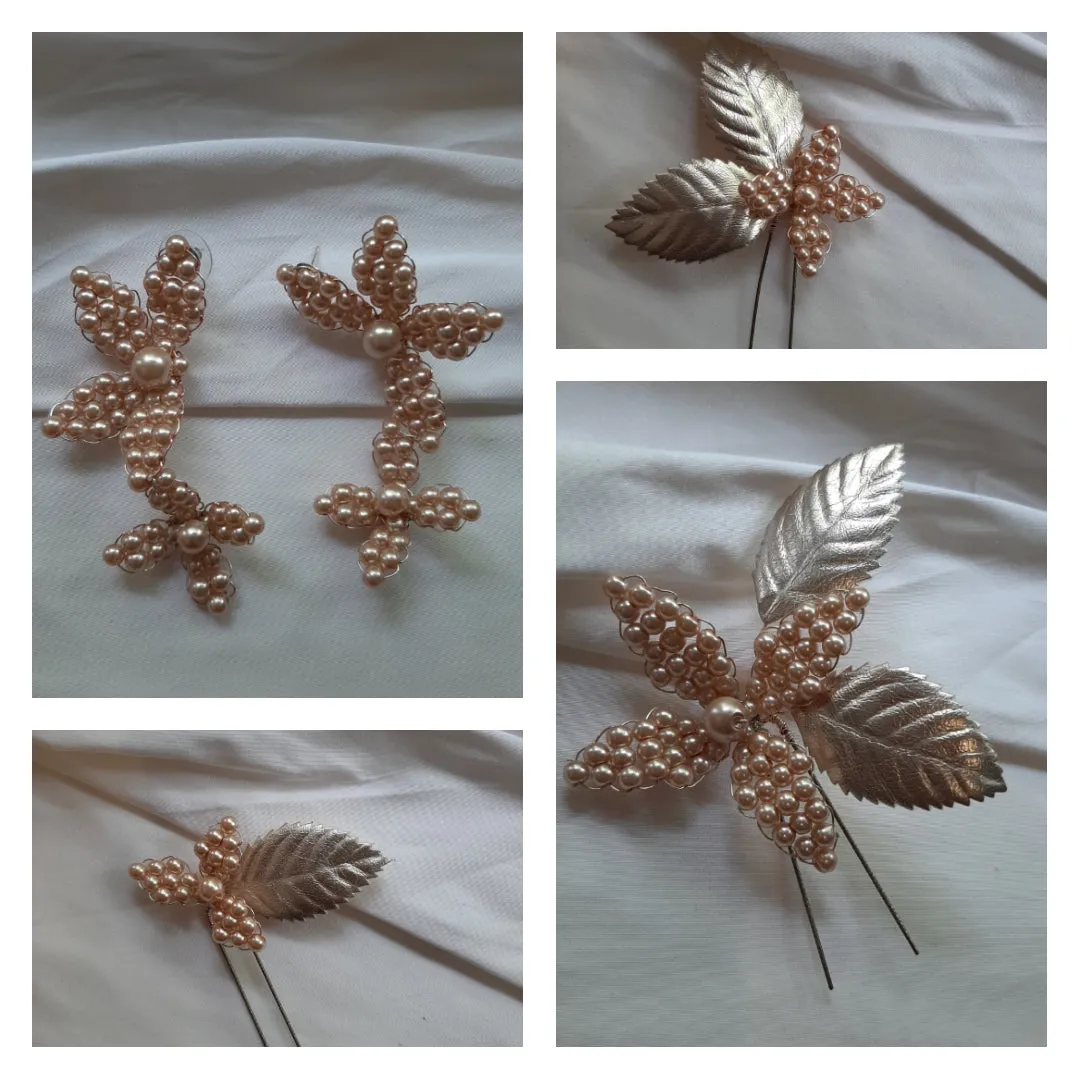 Joy - champagne glass bead pearl flower earrings and hair pins SET