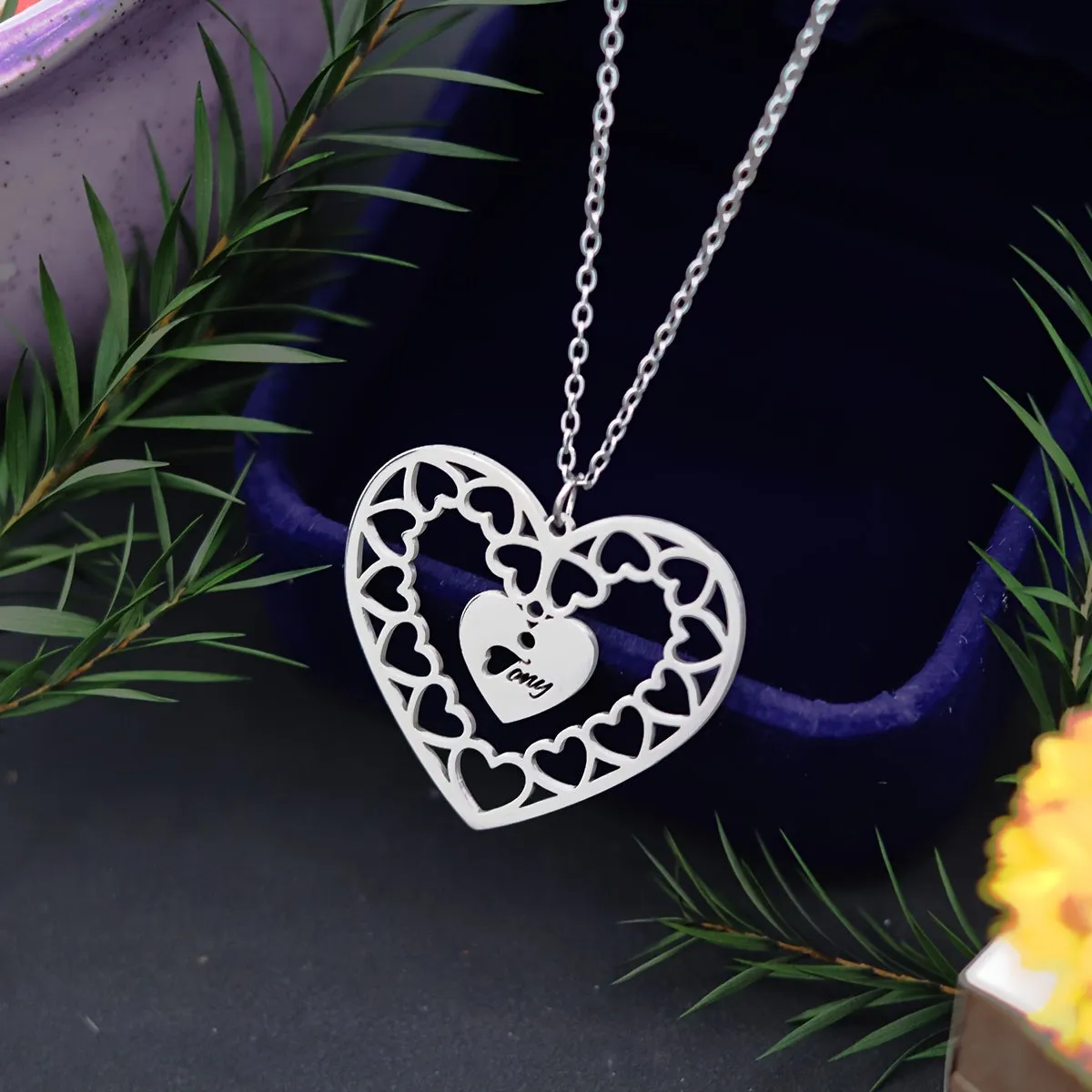 Joy Heart Pendant Necklace Stainless Steel Intricate Lacy Personalized Gift