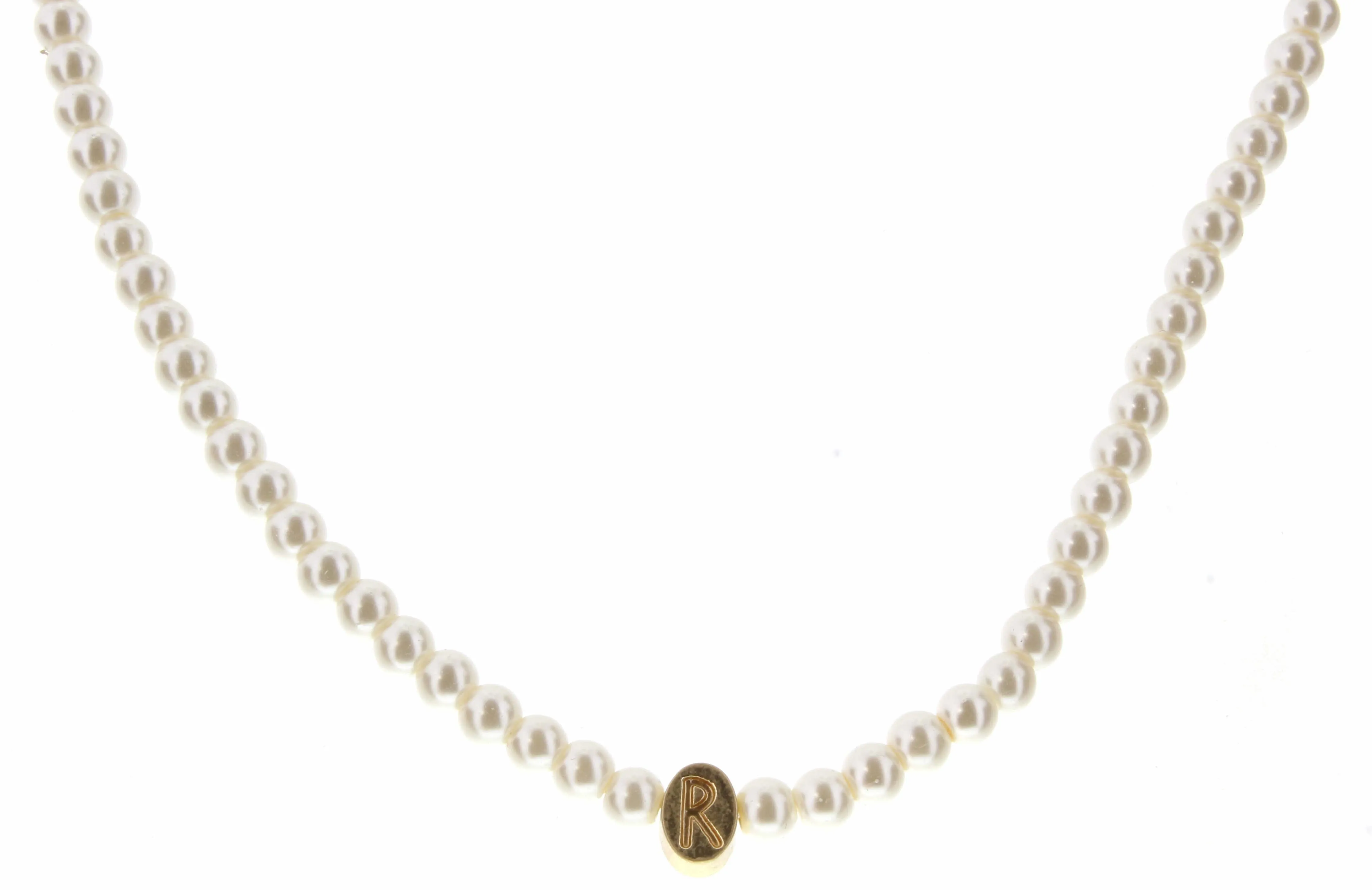 Kids 14" Gold R Initial Pearl Necklace