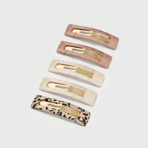 Kitsch Satin Wrapped Snap Clip 5pc Neutral & Leopard