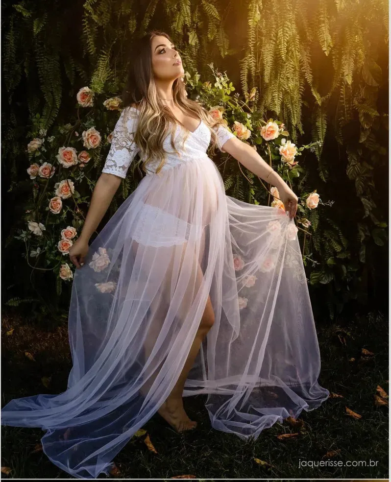 Lace Maternity Photography Props Dresses Sexy See-Through Pregnancy Photo Shoot Maxi Maternity Tulle Long Dresses Baby Shower
