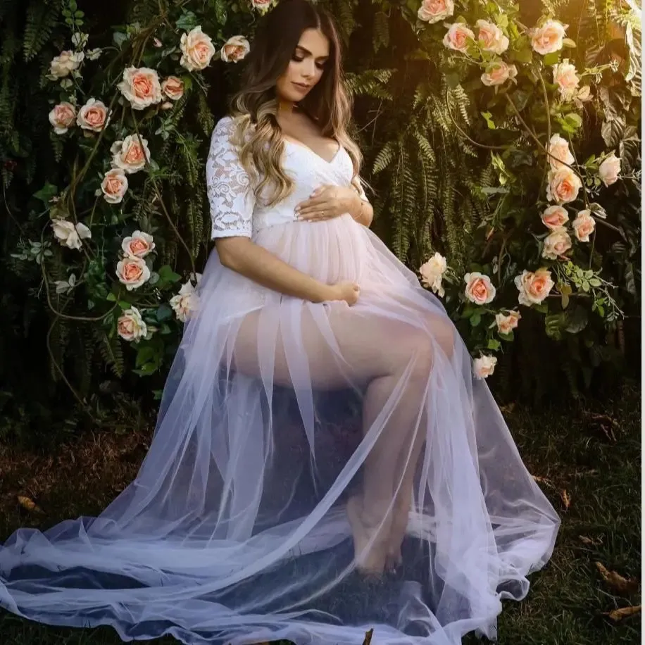 Lace Maternity Photography Props Dresses Sexy See-Through Pregnancy Photo Shoot Maxi Maternity Tulle Long Dresses Baby Shower