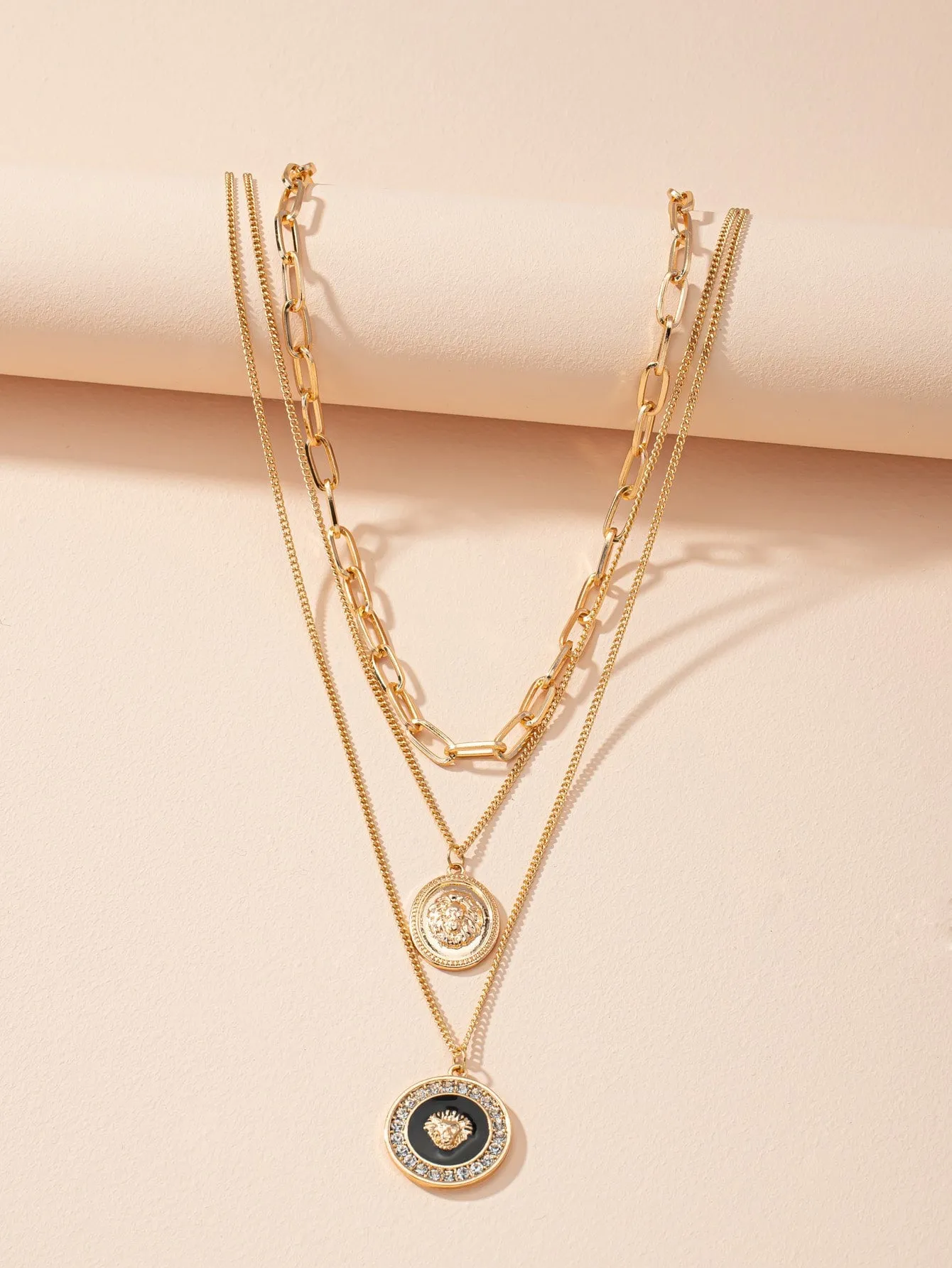 Lion Head Charm Layered Necklace  - Gold - FD ⚡