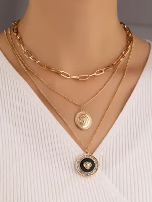 Lion Head Charm Layered Necklace  - Gold - FD ⚡