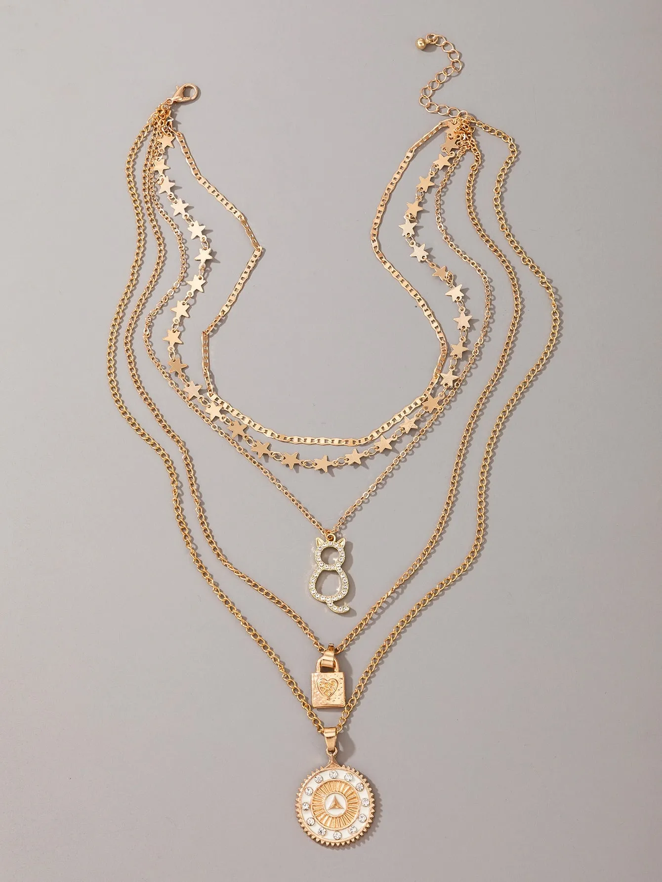 Lock & Cat Charm Layered Necklace - Gold