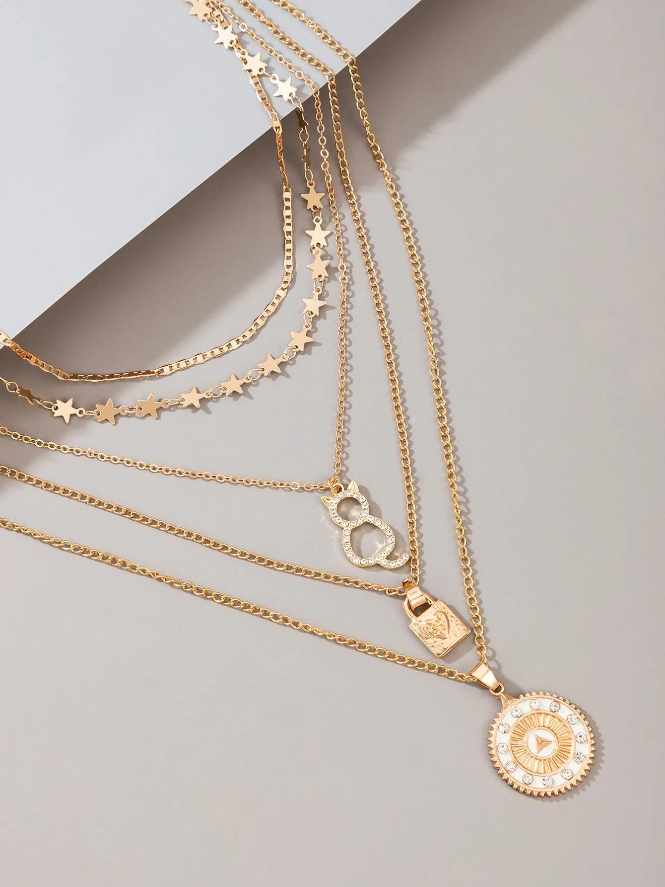 Lock & Cat Charm Layered Necklace - Gold