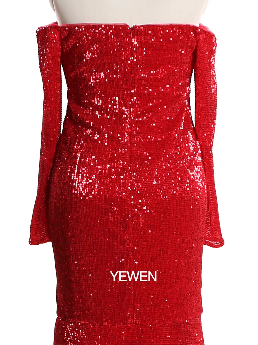 Long Sleeves Sequin V Neck Evening Open Front Strech Belly Maternit Dress Prom Gown