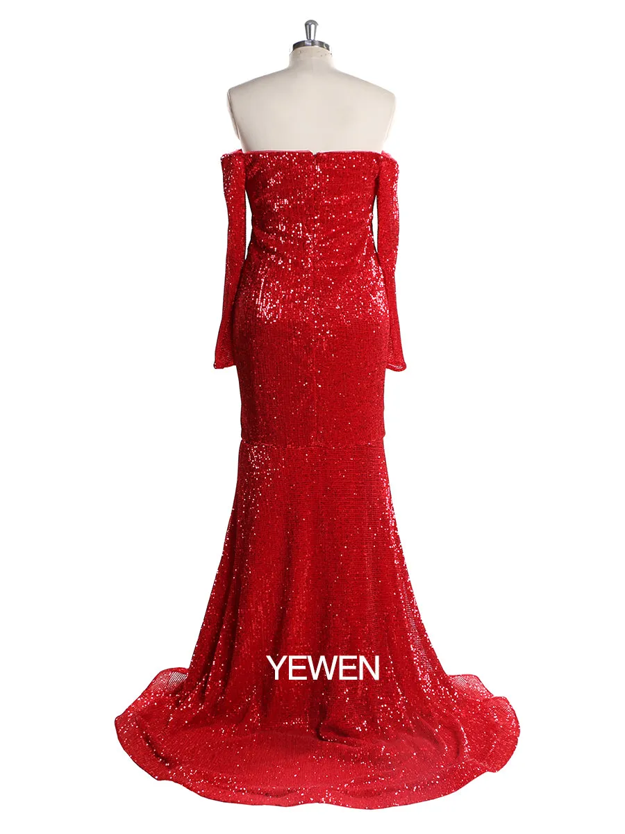 Long Sleeves Sequin V Neck Evening Open Front Strech Belly Maternit Dress Prom Gown
