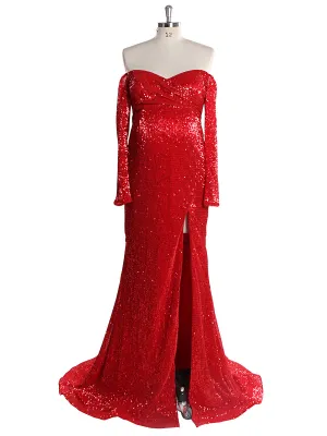 Long Sleeves Sequin V Neck Evening Open Front Strech Belly Maternit Dress Prom Gown