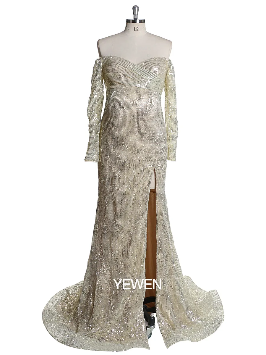Long Sleeves Sequin V Neck Evening Open Front Strech Belly Maternit Dress Prom Gown