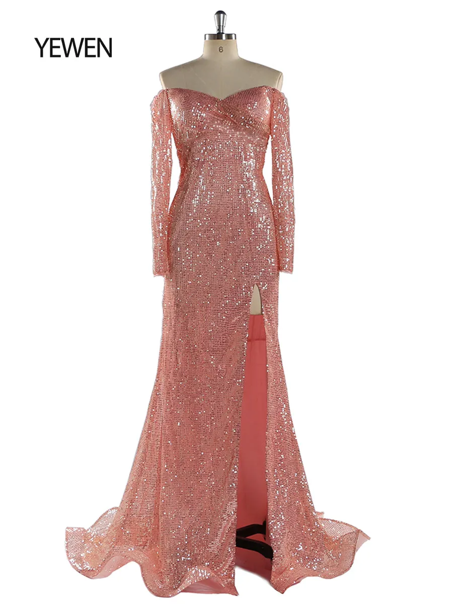 Long Sleeves Sequin V Neck Evening Open Front Strech Belly Maternit Dress Prom Gown