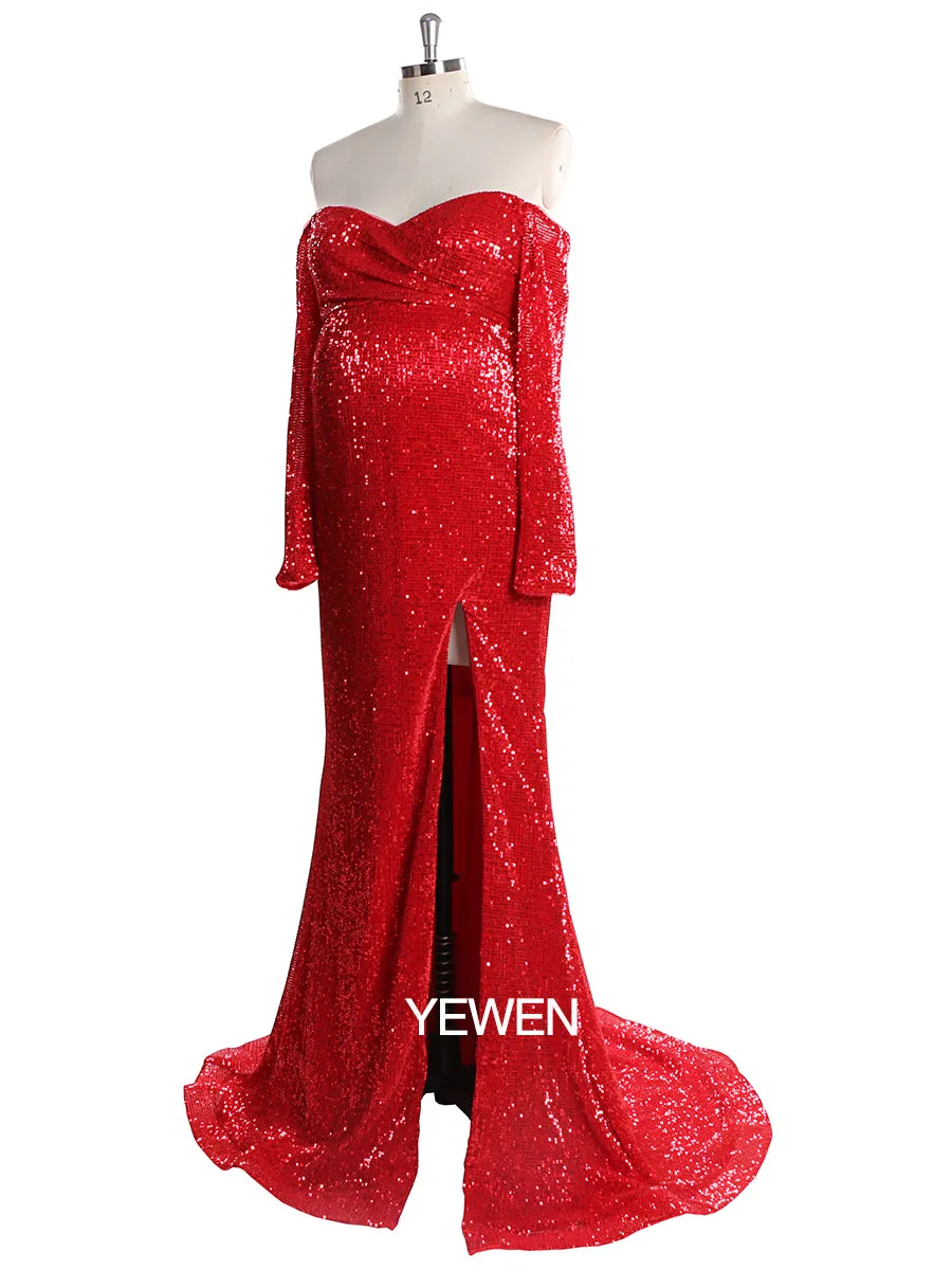 Long Sleeves Sequin V Neck Evening Open Front Strech Belly Maternit Dress Prom Gown