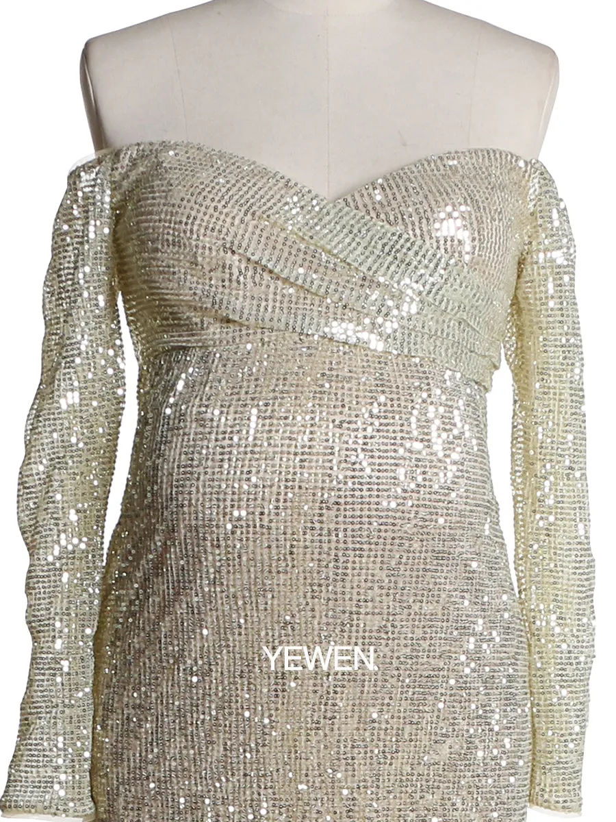 Long Sleeves Sequin V Neck Evening Open Front Strech Belly Maternit Dress Prom Gown