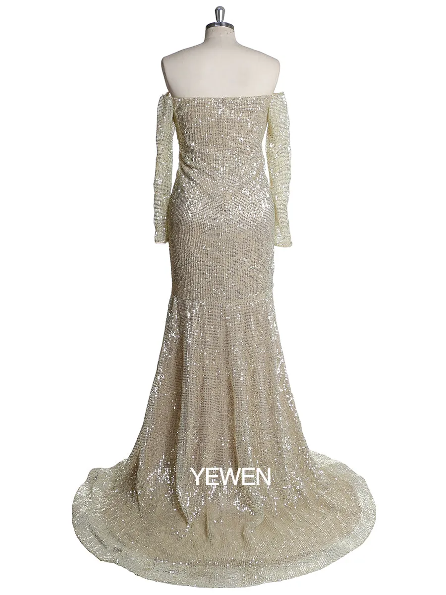 Long Sleeves Sequin V Neck Evening Open Front Strech Belly Maternit Dress Prom Gown