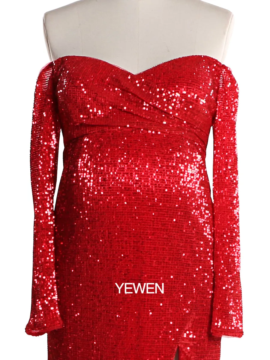 Long Sleeves Sequin V Neck Evening Open Front Strech Belly Maternit Dress Prom Gown