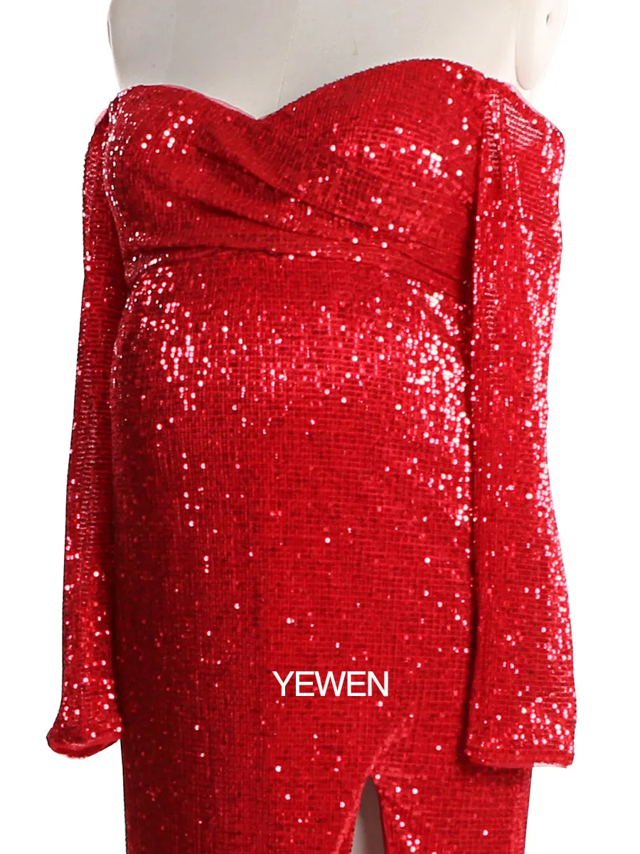 Long Sleeves Sequin V Neck Evening Open Front Strech Belly Maternit Dress Prom Gown