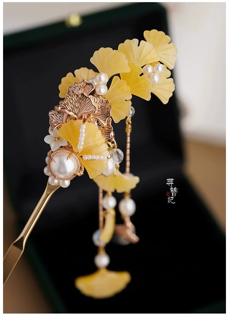 Long Tassels Hair Pins: Golden Gingko