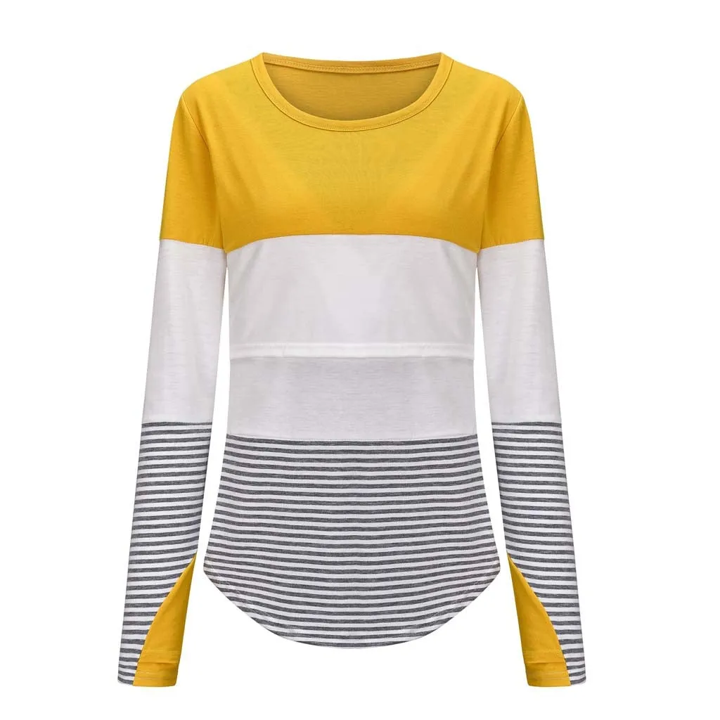 Maternity Clothes Long Sleeve Striped O-neck Nursing Maternity Tops Pregnancy Shirt