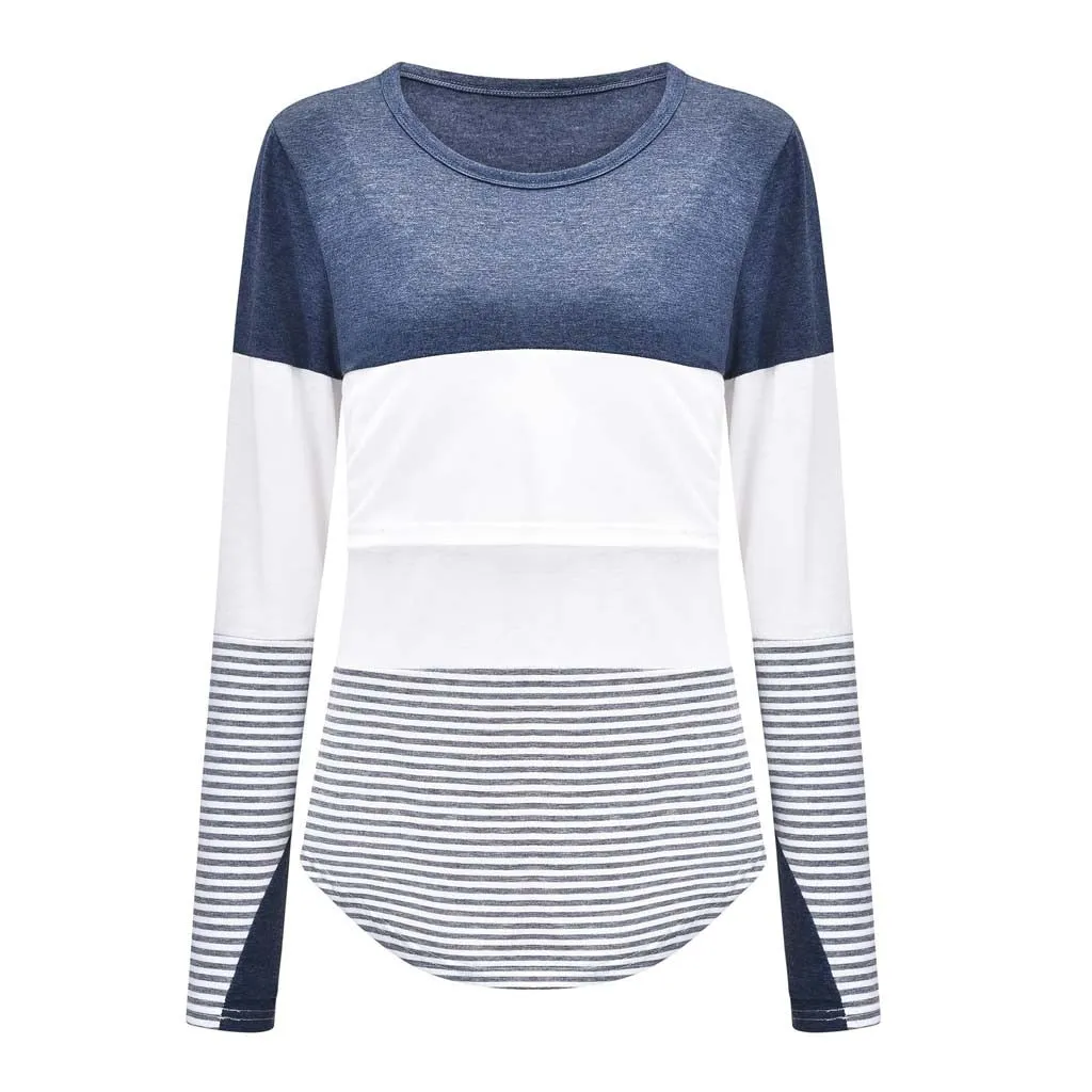 Maternity Clothes Long Sleeve Striped O-neck Nursing Maternity Tops Pregnancy Shirt