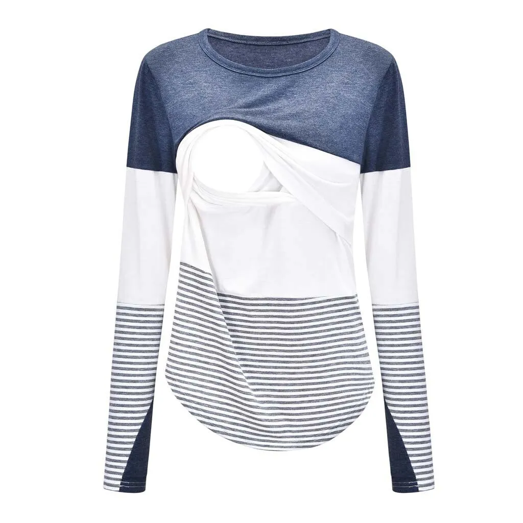 Maternity Clothes Long Sleeve Striped O-neck Nursing Maternity Tops Pregnancy Shirt