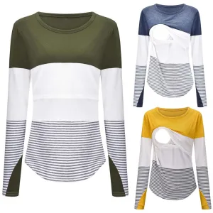 Maternity Clothes Long Sleeve Striped O-neck Nursing Maternity Tops Pregnancy Shirt
