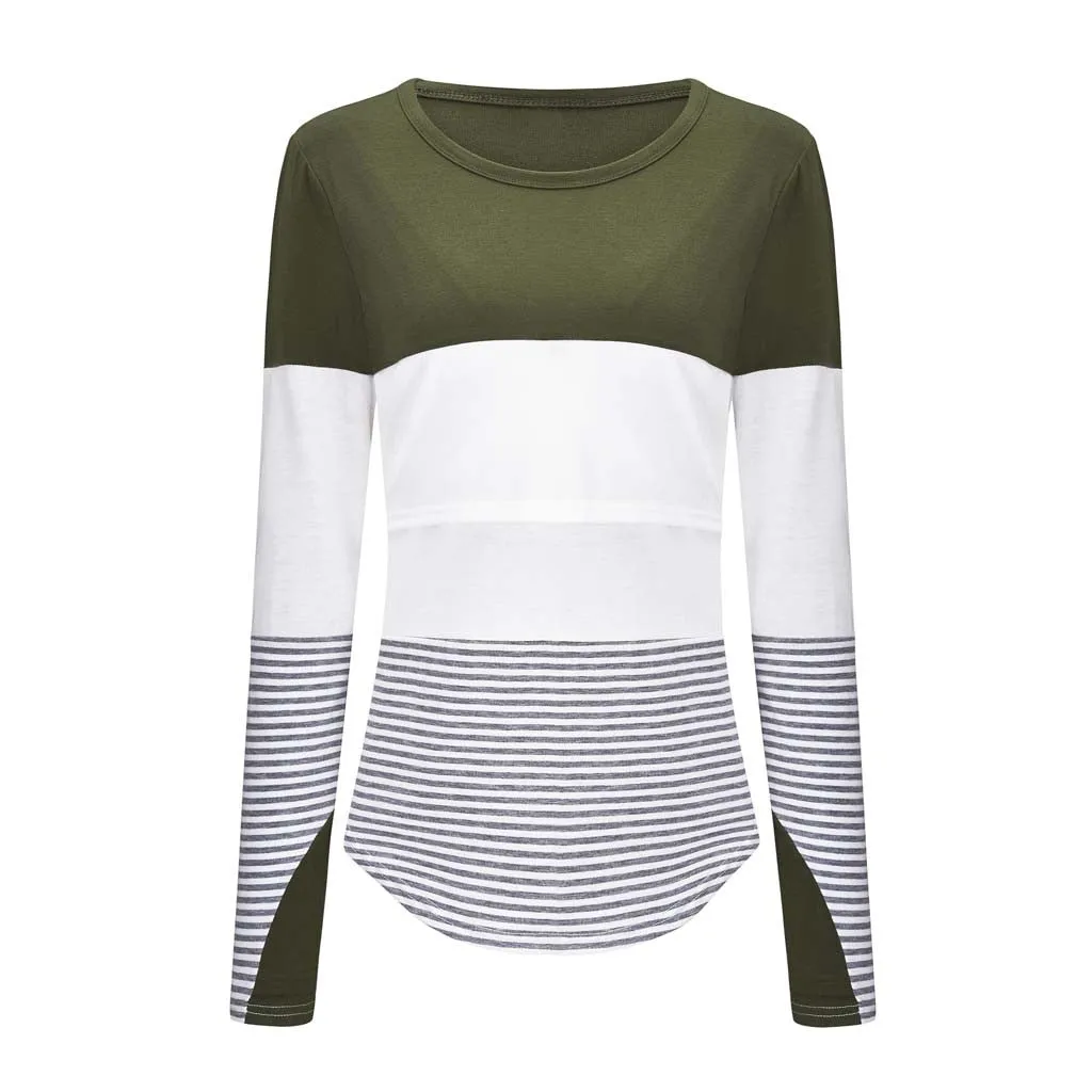 Maternity Clothes Long Sleeve Striped O-neck Nursing Maternity Tops Pregnancy Shirt