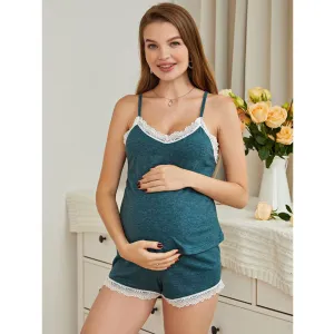 Maternity Contrast Lace Trim Cami Top & Shorts PJ Set