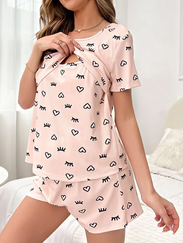 Maternity Heart & Eyelash Print Nursing PJ Set