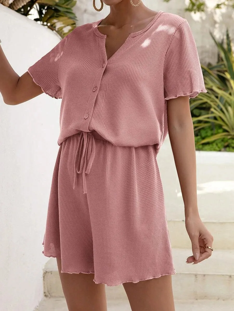 Maternity Lettuce Trim Button Front Top & Shorts Set