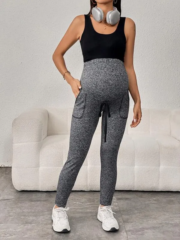Maternity Marled Knit Knot Front Pocket Side Adjustable Elastic Waist Pants
