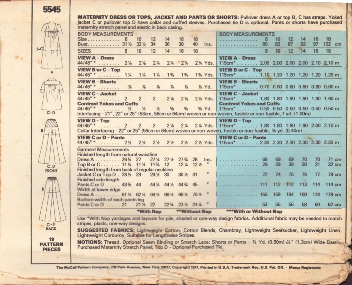 McCall's 5545 Maternity Dress or Tops, Jacket and Pants or Shorts, Size 14, Cut, Incomplete