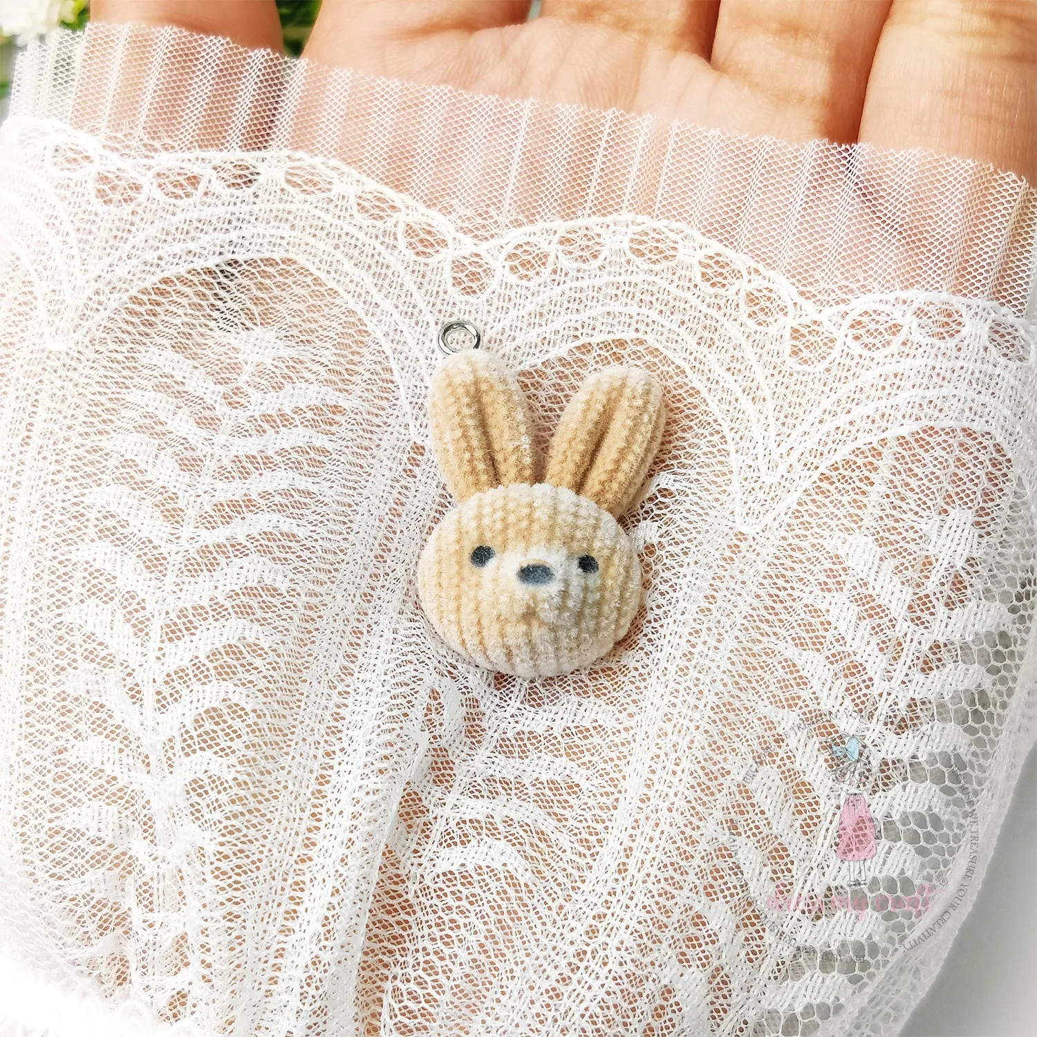 Miniature Velvet Bunny Face Charm With Loop