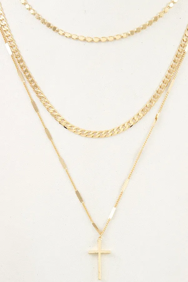 Mix chain layered cross pendant necklace