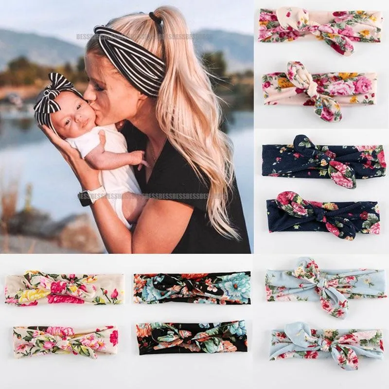Modern  Mother & Baby Headbands Kids Girl Bow With Rabbit ear Print Floral Hair Bands Parent-Child Hair Accessories