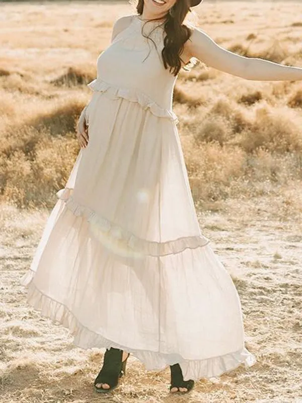 Momnfancy Apricot Ruffle Tie Back Off-shoulder Big Swing Round Neck Elegant Photoshoot Baby Shower Maternity Maxi Dress