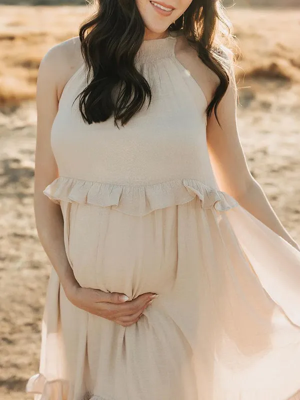 Momnfancy Apricot Ruffle Tie Back Off-shoulder Big Swing Round Neck Elegant Photoshoot Baby Shower Maternity Maxi Dress