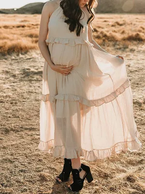 Momnfancy Apricot Ruffle Tie Back Off-shoulder Big Swing Round Neck Elegant Photoshoot Baby Shower Maternity Maxi Dress